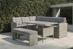 Sale Gartenlounge, hellgrau meliert/grau, Polyrattan/Polyester, Tisch 145x79cm, 4 tlg., 7 Pers, inkl. Polster Polyrattan-Gartenmöbel|Gartenlounge
