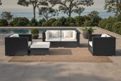 Online Gartenlounge, 5 Personen, creme/weiß, schwarz, Polyrattan, wasserfeste Kissenbox Polyrattan-Gartenmöbel|Gartenlounge