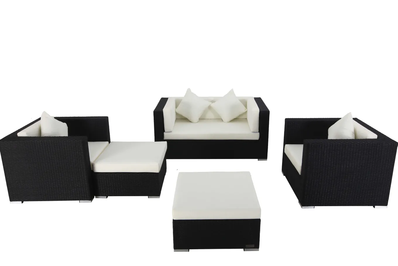 Hot Gartenlounge, 5 Personen, creme/weiß, schwarz, Polyrattan, inkl. Kaffeetisch, wasserfeste Kissenbox Polyrattan-Gartenmöbel|Gartenlounge