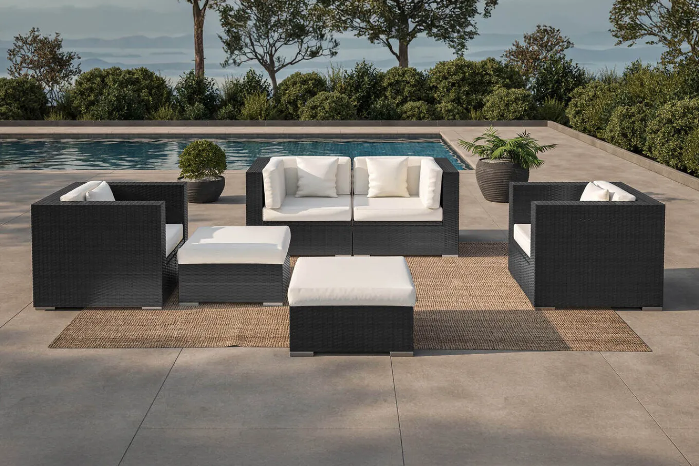 Hot Gartenlounge, 5 Personen, creme/weiß, schwarz, Polyrattan, inkl. Kaffeetisch, wasserfeste Kissenbox Polyrattan-Gartenmöbel|Gartenlounge