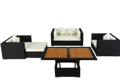 Hot Gartenlounge, 5 Personen, creme/weiß, schwarz, Polyrattan, inkl. Loungetisch, wasserfeste Kissenbox Polyrattan-Gartenmöbel|Gartenlounge