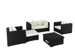 Hot Gartenlounge, 5 Personen, creme/weiß, schwarz, Polyrattan, inkl. Loungetisch, wasserfeste Kissenbox Polyrattan-Gartenmöbel|Gartenlounge