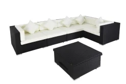 Discount Gartenlounge Polyrattan, creme/weiß, schwarz, für 5 Personen, inkl. Loungetisch, wasserfeste Kissenbox Polyrattan-Gartenmöbel|Gartenlounge