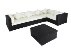 Discount Gartenlounge Polyrattan, creme/weiß, schwarz, für 5 Personen, inkl. Loungetisch, wasserfeste Kissenbox Polyrattan-Gartenmöbel|Gartenlounge