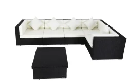 Discount Gartenlounge Polyrattan, creme/weiß, schwarz, für 5 Personen, inkl. Loungetisch, wasserfeste Kissenbox Polyrattan-Gartenmöbel|Gartenlounge