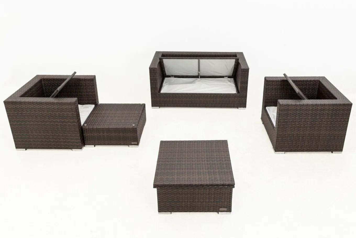 Outlet Gartenlounge, Polyrattan, braun marmoriert, 5 Pers, wasserfeste Kissenbox, inkl. Loungetisch Polyrattan-Gartenmöbel|Gartenlounge