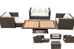 Outlet Gartenlounge, Polyrattan, braun marmoriert, 5 Pers, wasserfeste Kissenbox, inkl. Loungetisch Polyrattan-Gartenmöbel|Gartenlounge