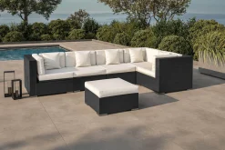 Clearance Gartenlounge Polyrattan, creme/weiß, schwarz, für 5 Personen, inkl. Kaffeetisch, wasserfeste Kissenbox Polyrattan-Gartenmöbel|Gartenlounge