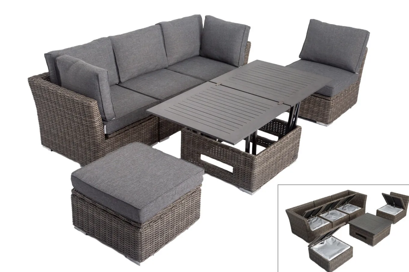 Online Gartenlounge Set, grau, Polyrattan, inkl. Loungetisch, für 5 Personen, wasserfeste Kissenbox Polyrattan-Gartenmöbel|Gartenlounge