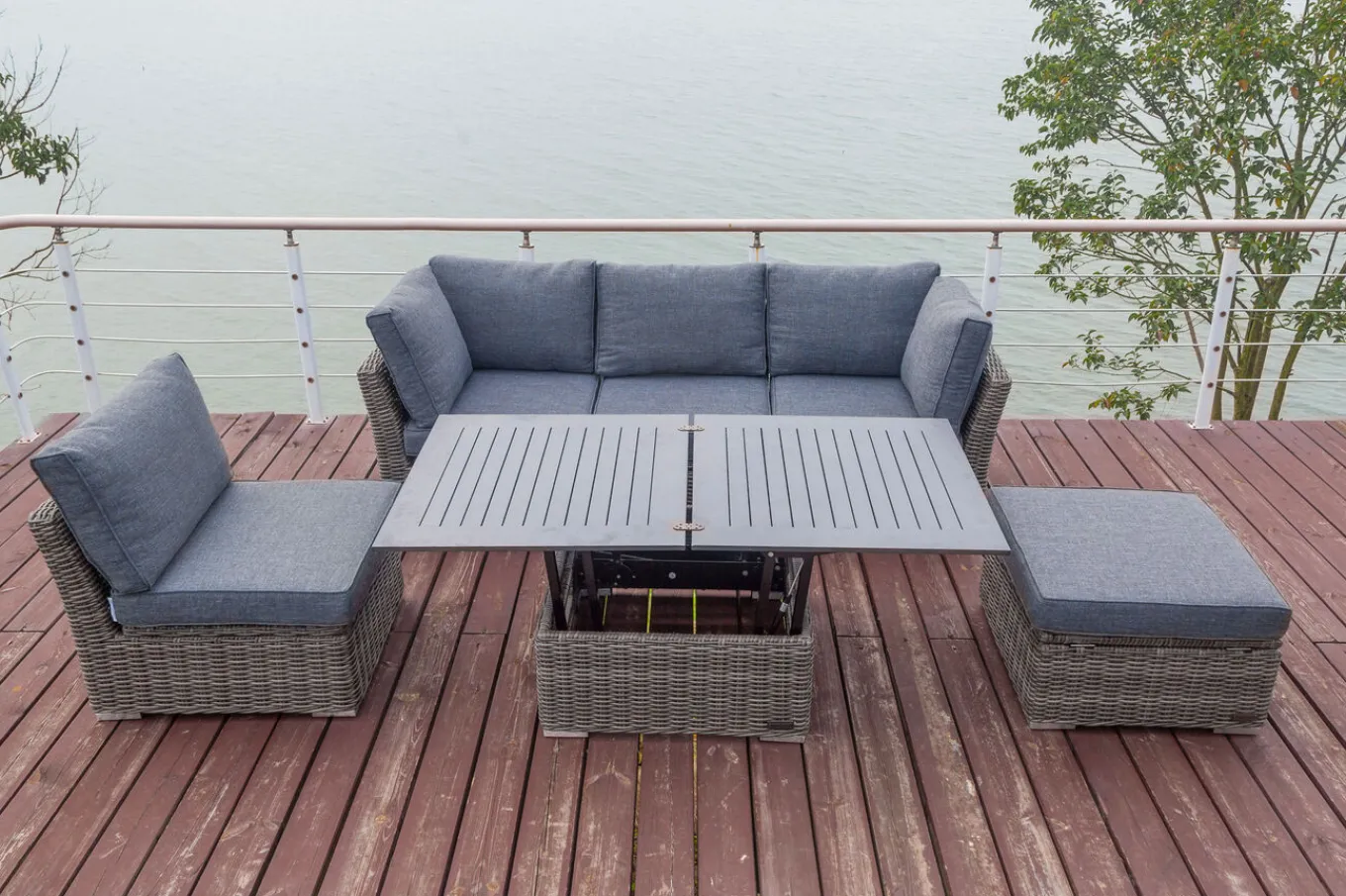 Online Gartenlounge Set, grau, Polyrattan, inkl. Loungetisch, für 5 Personen, wasserfeste Kissenbox Polyrattan-Gartenmöbel|Gartenlounge