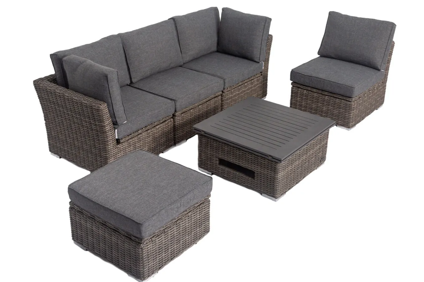 Online Gartenlounge Set, grau, Polyrattan, inkl. Loungetisch, für 5 Personen, wasserfeste Kissenbox Polyrattan-Gartenmöbel|Gartenlounge