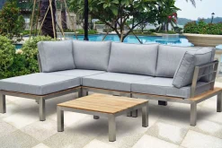 Clearance Gartenlounge, silber/grau, Edelstahl/Teakholz/Textil, für 4 Personen, inkl. Beistelltisch, FSC®-zertifiziertes Produkt Gartenlounge