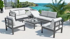 Hot Gartenlounge 5-teilig, schwarz/grau, Aluminium, pflegeleicht, mit Reißverschluss, UV-beständig, wasserabweisend Gartenlounge