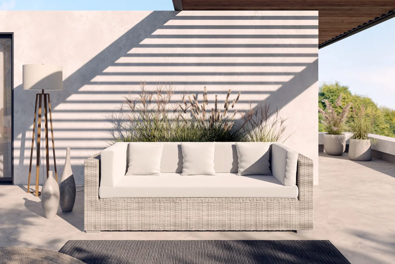 Outlet Gartensofa, 3-Sitzer, beige, Polyrattan, 209 x 84 cm, mit Kissenboxfunktion Polyrattan-Gartenmöbel|Gartenbänke & Gartensofas
