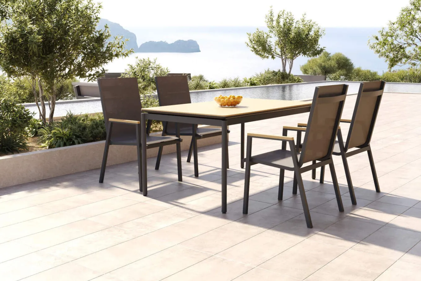 Outlet Glasgow Garten-Essgruppe für 4 Personen, anthrazit matt/natur, Alu/Edelstahl, stapelbar, pulverbeschichtet, hohe Belastbarkeit Garten-Essgruppen|Aluminium-Gartenmöbel