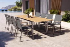 Discount Glasgow Garten-Essgruppe für 8 Personen, Edelstahl/Textilene, ausziehbarer Tisch 200/300 x 100 cm, stapelbare Sessel, FSC®-zertifiziertes Produkt Garten-Essgruppen|Aluminium-Gartenmöbel