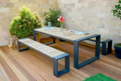 Hot Kona Garten-Essgruppe, dark grey/natur, Alu/recyceltes Teak, Esstisch 240x100cm, 2x Bank 240x40cm, U-Gestell, FSC®-zertifiziertes Produkt Garten-Essgruppen