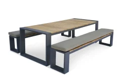Hot Kona Garten-Essgruppe, dark grey/natur, Alu/recyceltes Teak, Esstisch 240x100cm, 2x Bank 240x40cm, U-Gestell, FSC®-zertifiziertes Produkt Garten-Essgruppen