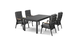 Clearance Korba Garten-Essgruppe mit 4 Sesseln, anthrazit matt, Alu/Teak, ausziehbarer Tisch 180/240 x 100 cm, inkl. Polster Garten-Essgruppen|Aluminium-Gartenmöbel