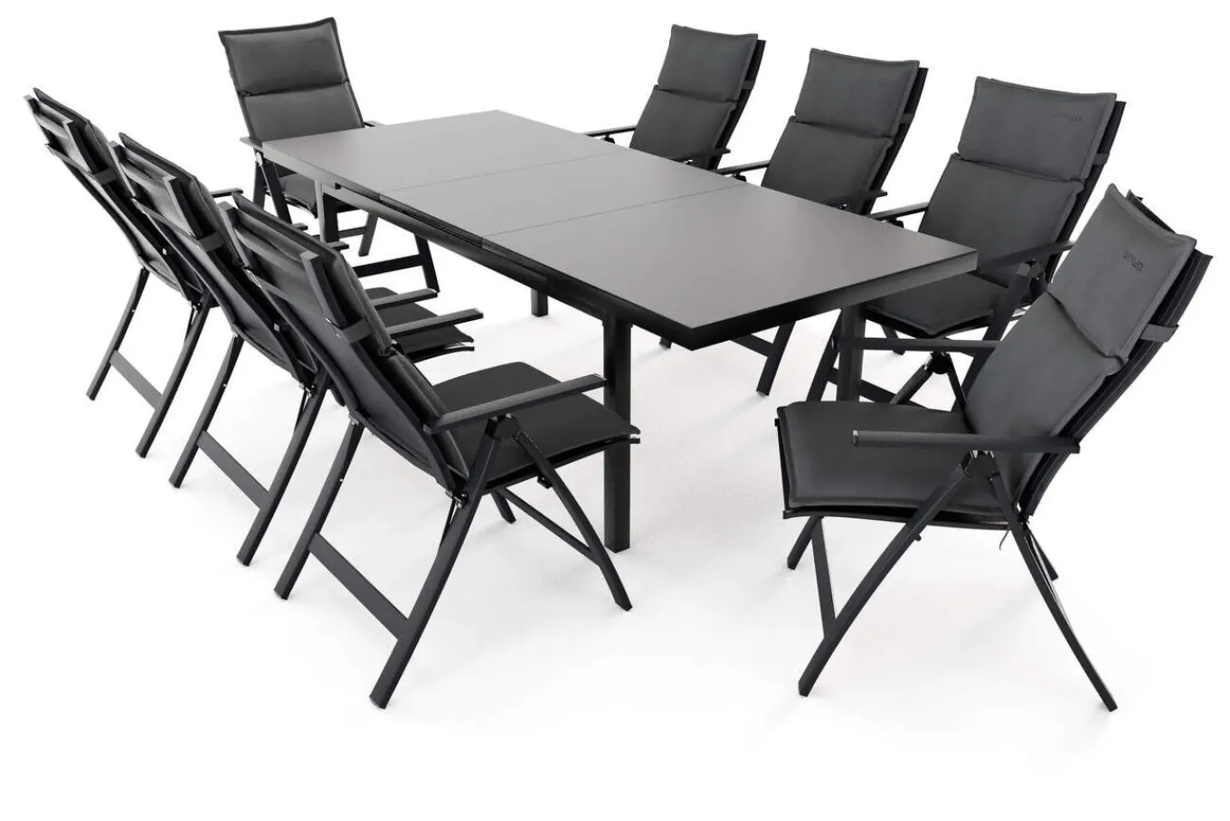 Best Lagos Garten-Essgruppe, anthrazit/grau, Alu/Textilene, Tisch 180/240 x 100 cm, 8 Klappstühle, inkl. Auflagen Garten-Essgruppen