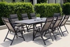 Best Lagos Garten-Essgruppe, anthrazit/grau, Alu/Textilene, Tisch 180/240 x 100 cm, 8 Klappstühle, inkl. Auflagen Garten-Essgruppen