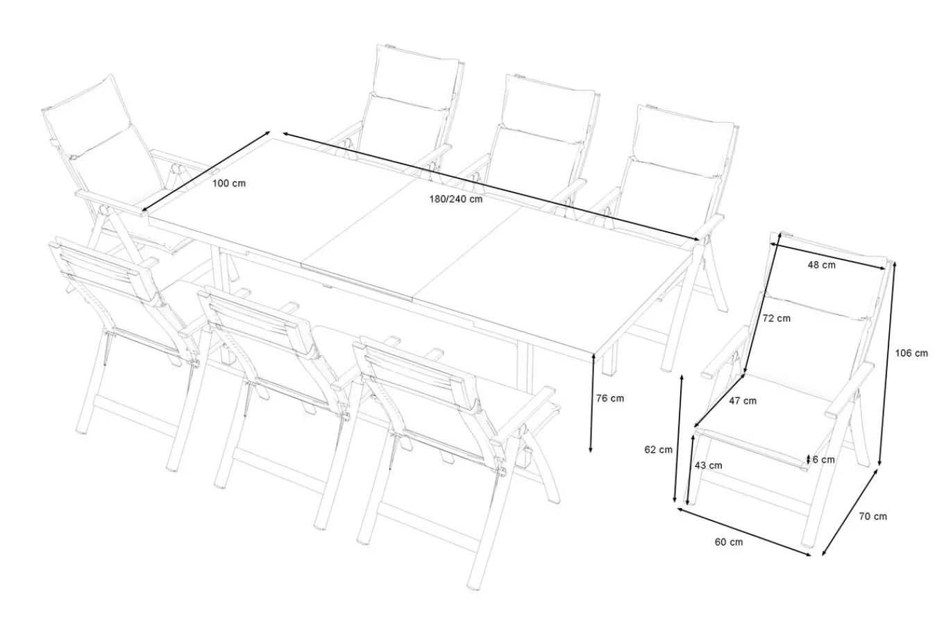 Best Lagos Garten-Essgruppe, anthrazit/grau, Alu/Textilene, Tisch 180/240 x 100 cm, 8 Klappstühle, inkl. Auflagen Garten-Essgruppen