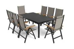 Hot Lagos Garten-Essgruppe, anthrazit/grau, Alu/Eukalyptus/Textilene, Tisch 180/240 x 100 cm, 8 Klappstühle, FSC®-zertifiziertes Produkt Garten-Essgruppen