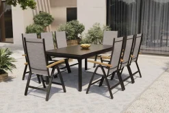 Hot Lagos Garten-Essgruppe, anthrazit/grau, Alu/Eukalyptus/Textilene, Tisch 180/240 x 100 cm, 8 Klappstühle, FSC®-zertifiziertes Produkt Garten-Essgruppen