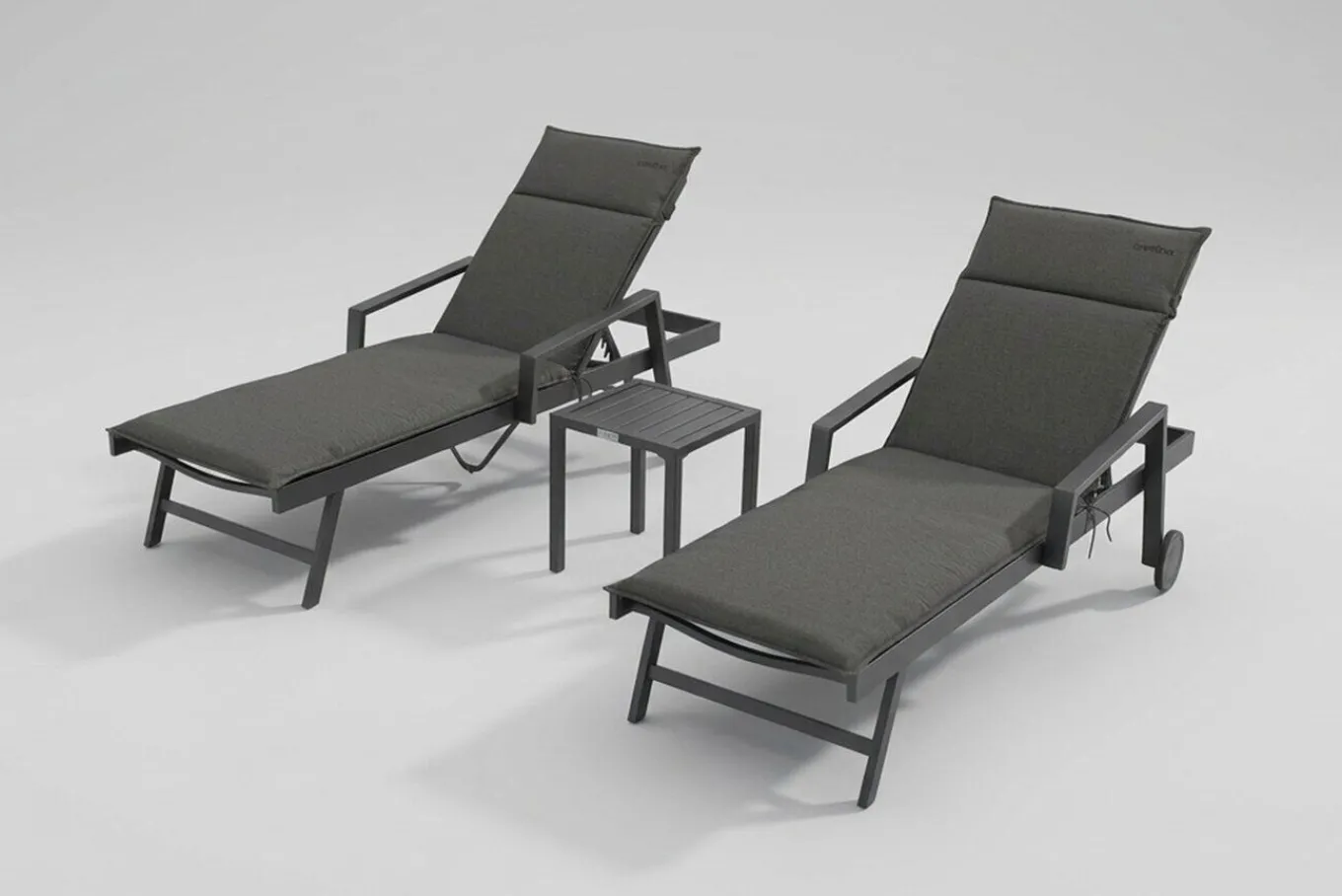 Outlet Liegen-Set, anthrazit, Aluminium/Textilene/Polyester, Tisch 40 x 40 cm, 2 Auflagen, Rückenlehne verstellbar, mit Rollen Aluminium-Gartenmöbel
