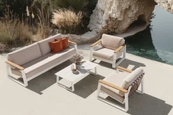 Outlet Loungegarnitur, 4-teilig, beige/weiß, Alu/Holzimitat, Tisch 110 x 60 cm, inkl. Kissen mit Reißverschluss Gartenlounge|Aluminium-Gartenmöbel