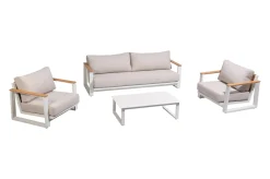 Outlet Loungegarnitur, 4-teilig, beige/weiß, Alu/Holzimitat, Tisch 110 x 60 cm, inkl. Kissen mit Reißverschluss Gartenlounge|Aluminium-Gartenmöbel