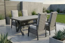 Best Louvra Select Garten-Essgruppe, natur/anthrazit, Polyrattan/Alu, 4 Sessel, Tisch 160/210 x 100 cm Polyrattan-Gartenmöbel|Garten-Essgruppen