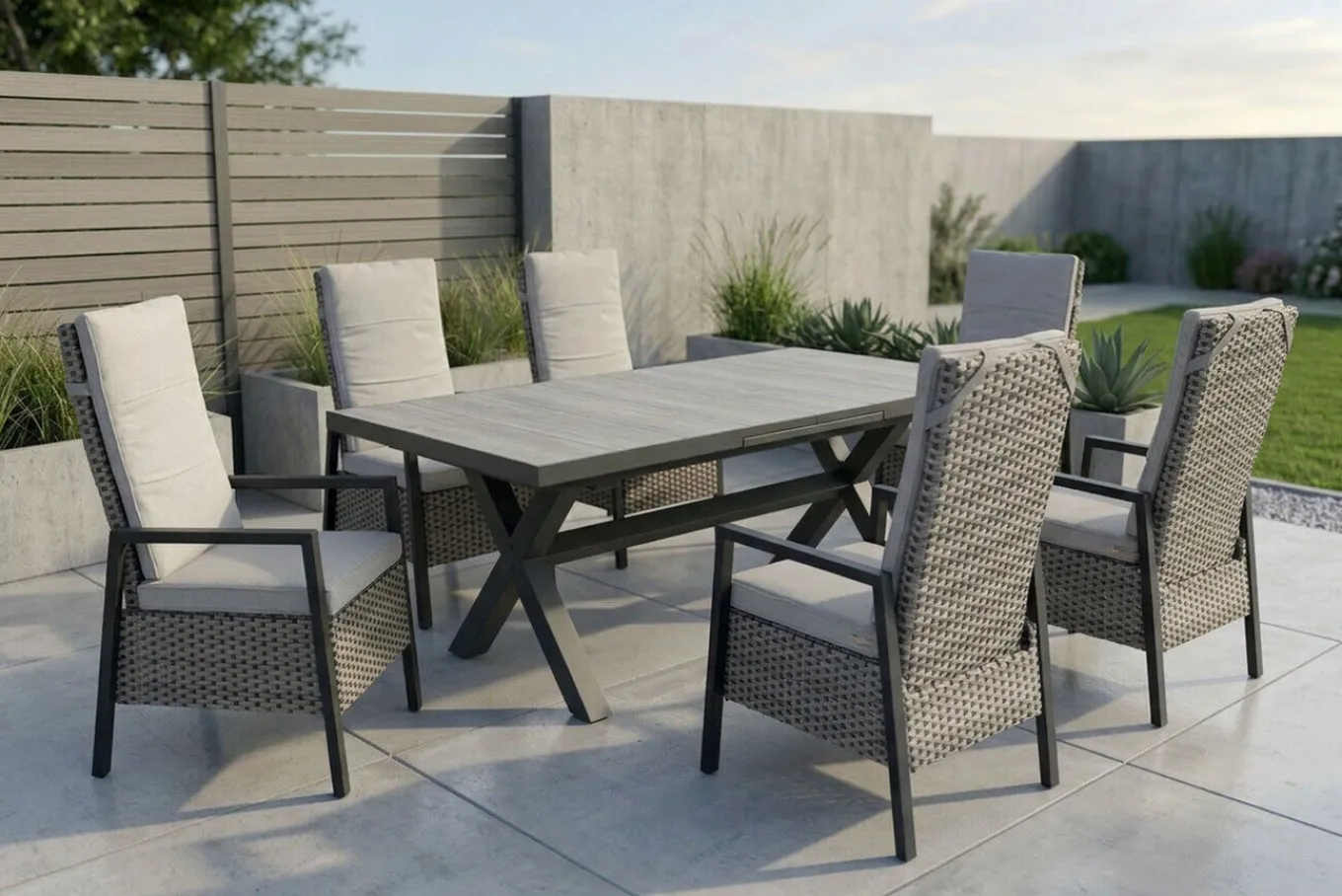 Sale Louvra Select Garten-Essgruppe, natur/anthrazit, Polyrattan/Alu, 6 Sessel, Tisch 160/210 x 100 cm Polyrattan-Gartenmöbel|Garten-Essgruppen