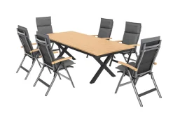 Discount Luminara Garten-Essgruppe mit LED-Beleuchtung, anthrazit matt/natur, Alu/Textilene, Tisch 240 x 100 cm, inkl. 6 Klappstühle Garten-Essgruppen