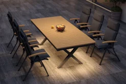 Discount Luminara Garten-Essgruppe mit LED-Beleuchtung, anthrazit matt/natur, Alu/Textilene, Tisch 240 x 100 cm, inkl. 6 Klappstühle Garten-Essgruppen