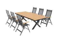 Discount Luminara Garten-Essgruppe mit LED-Beleuchtung, anthrazit matt/natur, Aluminium/Textilen/Holzimitat, 240 x 100 cm, 6 Klappstühle Garten-Essgruppen