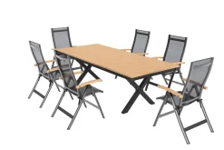 Discount Luminara Garten-Essgruppe mit LED-Beleuchtung, anthrazit matt/natur, Aluminium/Textilen/Holzimitat, 240 x 100 cm, 6 Klappstühle Garten-Essgruppen