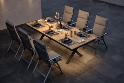 New Luminara Garten-Essgruppe, anthrazit matt/natur, Alu / Textilen / Holzimitat, 240 x 100 cm, 6 Klappstühle, inkl. Auflagen, LED-Beleuchtung Garten-Essgruppen