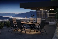 New Luminara Garten-Essgruppe, anthrazit matt/natur, Alu / Textilen / Holzimitat, 240 x 100 cm, 6 Klappstühle, inkl. Auflagen, LED-Beleuchtung Garten-Essgruppen
