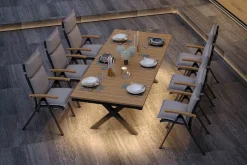 Outlet Luminara Garten-Essgruppe mit LED-Beleuchtung, anthrazit matt/natur, Alu / Textilen / Holzimitat, 240 x 100 cm, 6 Klappstühle, inkl. Auflagen Garten-Essgruppen