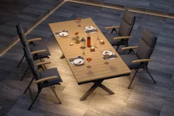 Outlet Luminara Garten-Essgruppe mit LED-Beleuchtung, anthrazit matt/natur, Aluminium/Textilen/Holzimitat, 240 x 100 cm, 4 Klappstühle, inkl. Auflagen Garten-Essgruppen