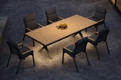 Best Luminara Garten-Essgruppe mit LED-Beleuchtung, anthrazit matt/natur, Alu/Holzimitat, 240 x 100 cm, inklusive Auflagen, 6 Stapelsessel Garten-Essgruppen