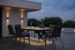 Best Luminara Garten-Essgruppe mit LED-Beleuchtung, anthrazit matt/natur, Alu/Holzimitat, 240 x 100 cm, inklusive Auflagen, 6 Stapelsessel Garten-Essgruppen