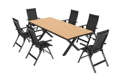 Best Luminara Garten-Essgruppe, anthrazit matt/natur, Alu / Holzimitat / Textilen, 240 x 100 cm, 6 Klappstühle, Tischplatte mit LED-Beleuchtung Garten-Essgruppen