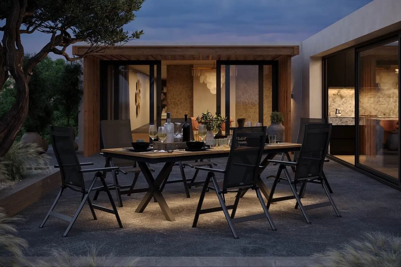 Best Luminara Garten-Essgruppe, anthrazit matt/natur, Alu / Holzimitat / Textilen, 240 x 100 cm, 6 Klappstühle, Tischplatte mit LED-Beleuchtung Garten-Essgruppen