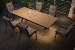 Clearance Luminara Garten-Essgruppe, anthrazit matt/natur, Holzimitat/Alu, 240 x 100 cm, 6 Stapelsessel, inkl. Auflagen, mit LED-Beleuchtung Garten-Essgruppen