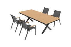 Hot Luminara Garten-Essgruppe mit LED-Beleuchtung, anthrazit matt/natur, Aluminium/Holzimitat/Textilene, Tisch 240 x 100 cm, 4 stapelbare Sessel Garten-Essgruppen
