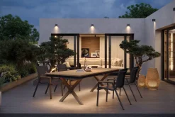 Hot Luminara Garten-Essgruppe mit LED-Beleuchtung, anthrazit matt/natur, Aluminium/Holzimitat/Textilene, Tisch 240 x 100 cm, 4 stapelbare Sessel Garten-Essgruppen
