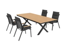 Clearance Luminara Garten-Essgruppe, anthrazit matt/natur, Alu/Holzimitat, 240 x 100 cm, 4 Stapelsessel, inkl. Auflagen, mit LED-Beleuchtung Garten-Essgruppen