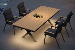Clearance Luminara Garten-Essgruppe, anthrazit matt/natur, Alu/Holzimitat, 240 x 100 cm, 4 Stapelsessel, inkl. Auflagen, mit LED-Beleuchtung Garten-Essgruppen